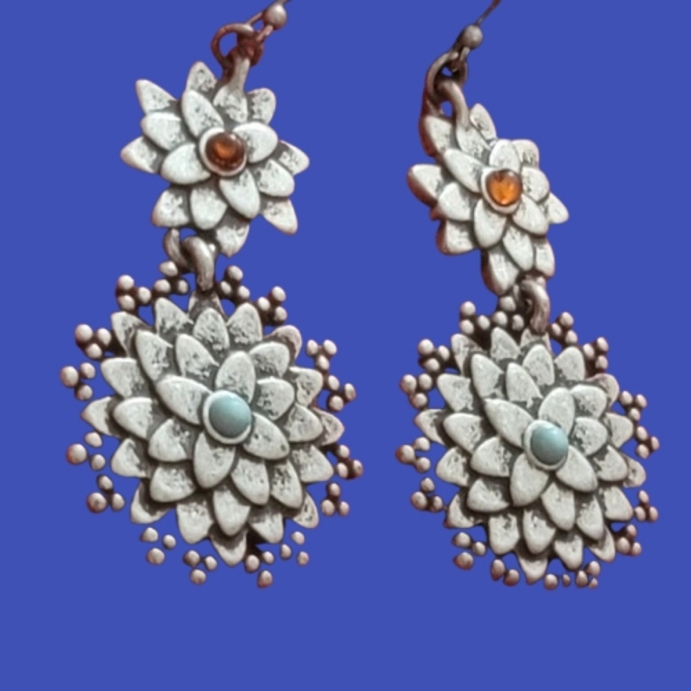 Double LOTUS DANGLE EARRINGS Boho Silver Tone Faux Turquoise Amber